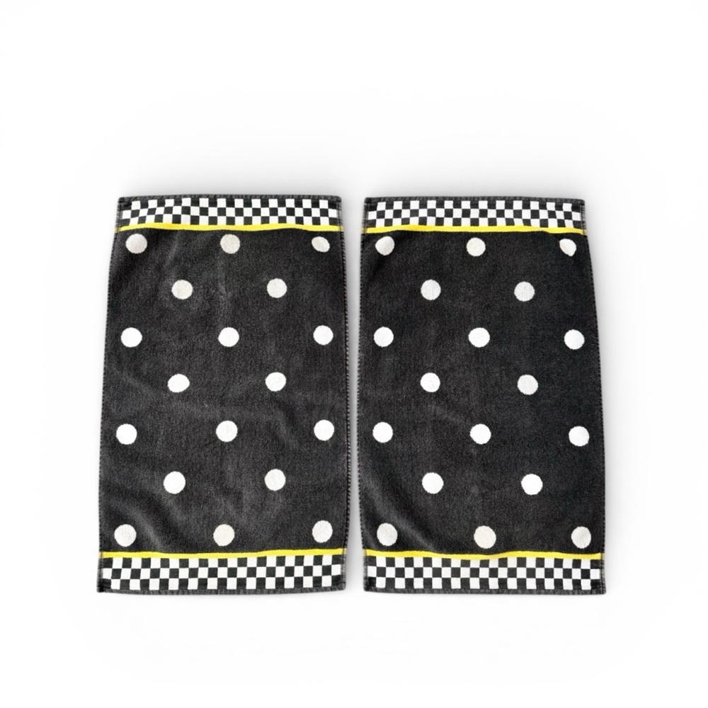Set of 2 MacKenzie‎ Childs Courtly Check Dotty Black White Cotton Hand Towels